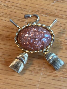 Vintage Curling Brooch – Retro Winter Sports Pin w/ Sparkle Stone